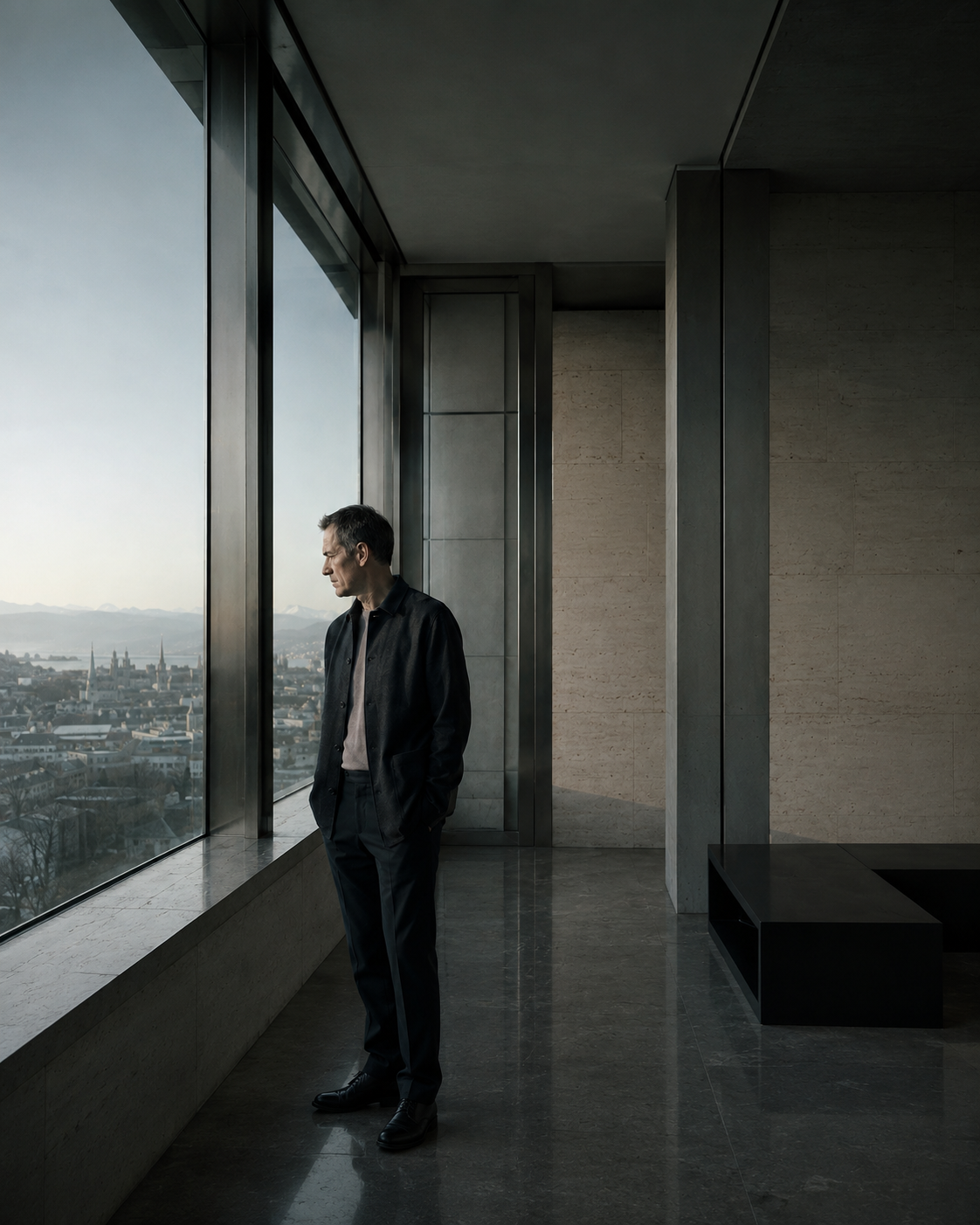 Alexander Vale standing beside floor-to-ceiling glass in a stone-clad interior, looking out over Zürich at first light.