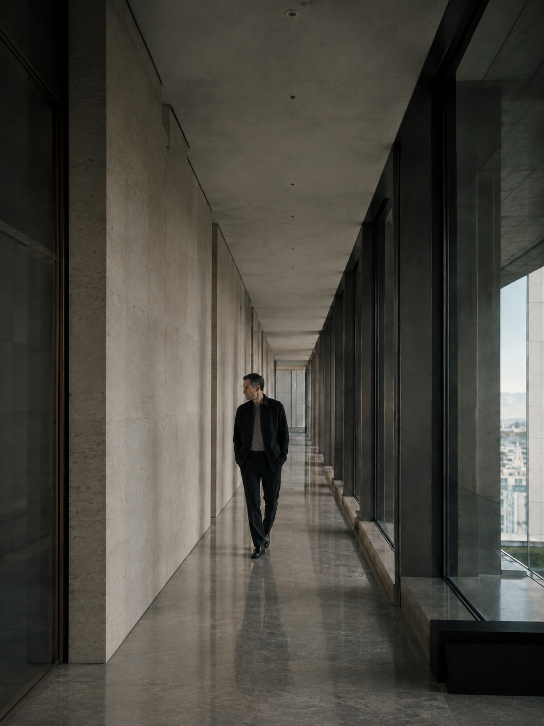 Alexander Vale walking alone through a long travertine and glass corridor that recedes toward a distant vanishing point.