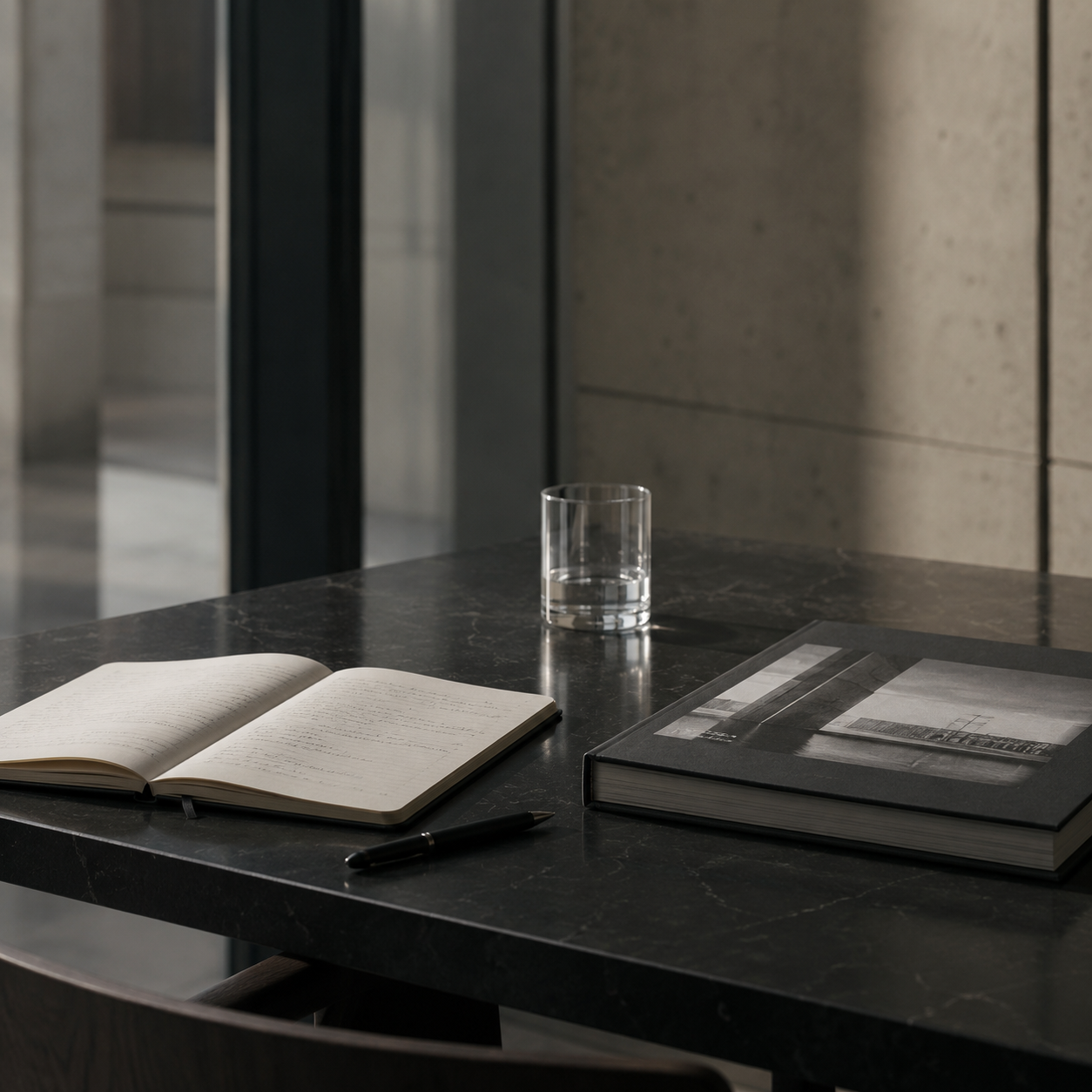 An open handwritten notebook, a single pen, a glass of water and one architecture volume on a dark marble table.