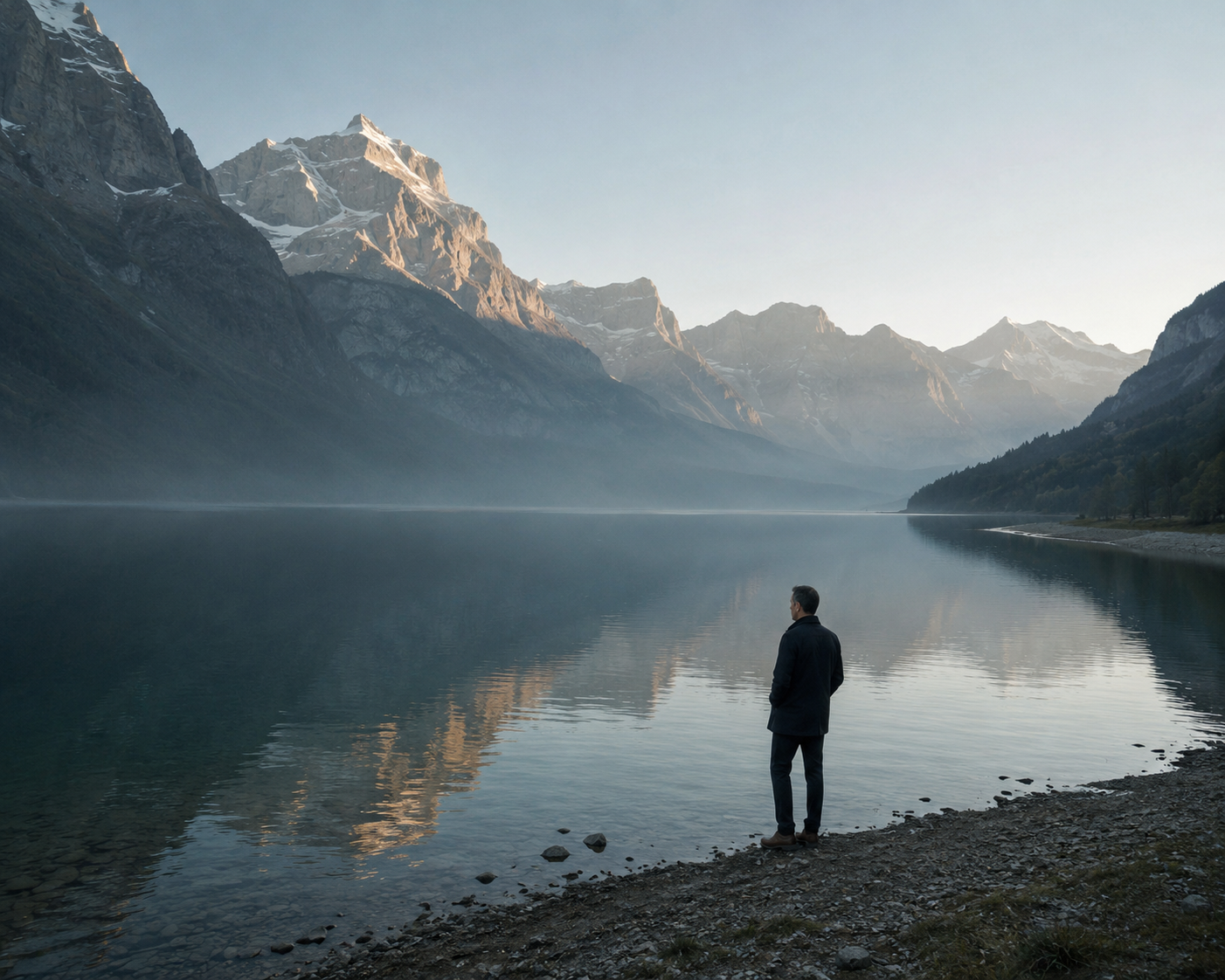 A still Alpine lake at dawn, snow-lit peaks rising beyond it, Alexander Vale a small figure alone on the near shore.